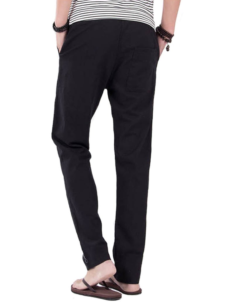 SIR7 Men's Linen Casual Lightweight Drawstrintg Elastic Waist Summer Beach Pants Black L - Image 3